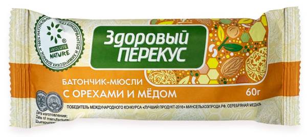 Батончик здоровый перекус ореховый с медом 60г фотография